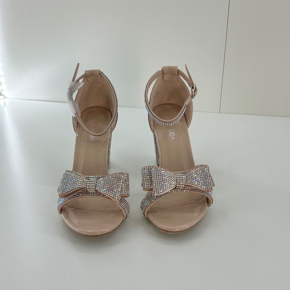 TOP Moda Nude Patent Rhinestone Bow Ankle Strap Sandals